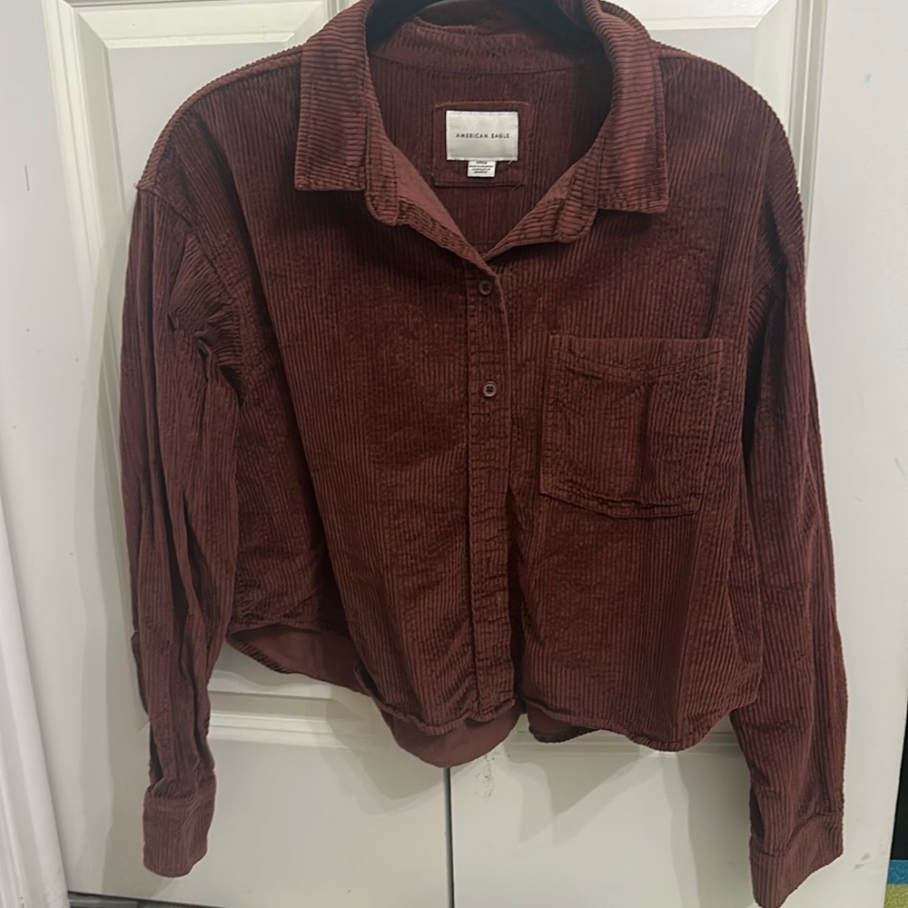 Burnt Orange Brown Corduroy Button Up Cropped Longsleeve American Eagle Size S